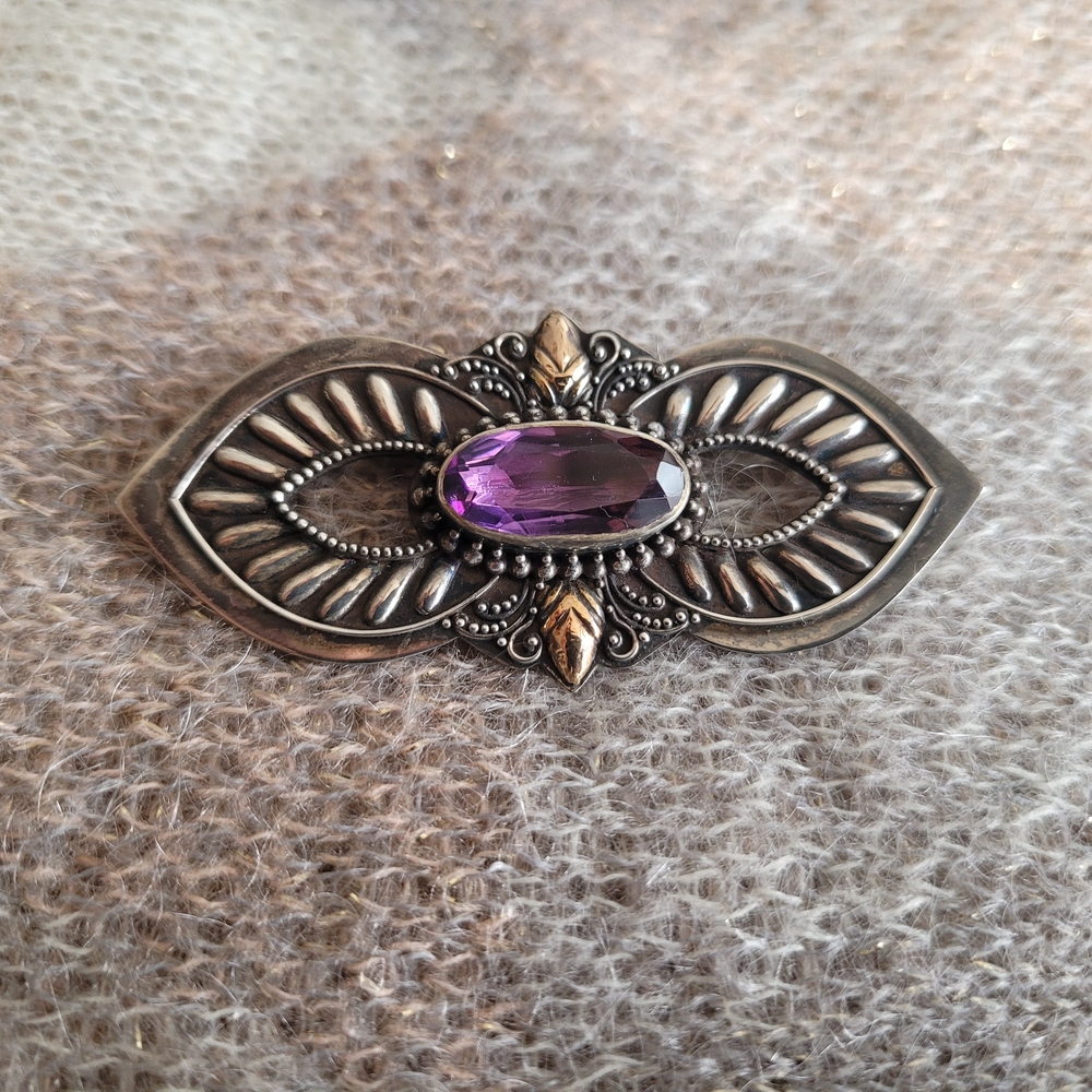 Vintage 925 Sterling Silver Art Nouveau Brooch – Purple Amethyst Look Stone